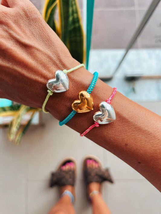 Colorful cord bracelet with bull heart charm-pink