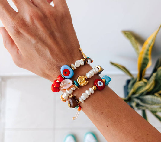 Bohemian Bracelets ,Pearls, Glass Eyes & Gold Summer Charms-red eye