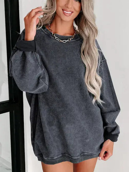 Pink Ribbed Knit Round Neck Pullover Sweatshirt