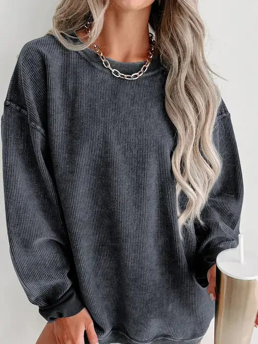 Pink Ribbed Knit Round Neck Pullover Sweatshirt