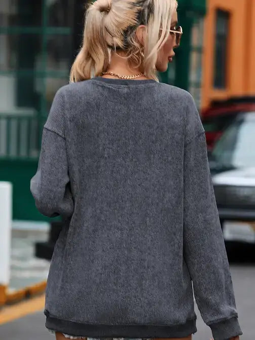 Pink Ribbed Knit Round Neck Pullover Sweatshirt