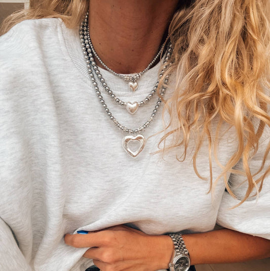 Hematite Beaded Necklaces with Silver Heart Charms- large heart