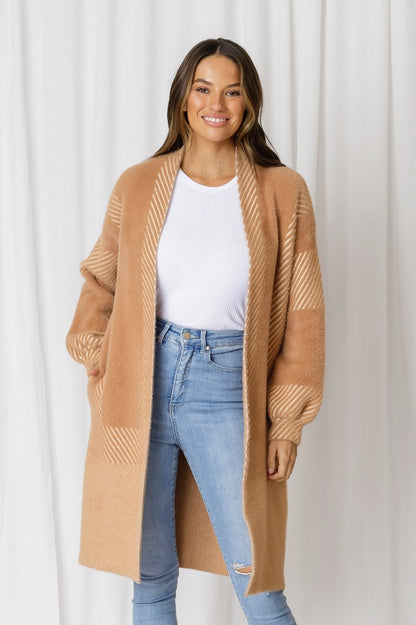 TAYLOR FLUFFY STRIPE POCKETED KNIT CARDI - BUTTERSCOTCH