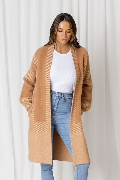 TAYLOR FLUFFY STRIPE POCKETED KNIT CARDI - BUTTERSCOTCH