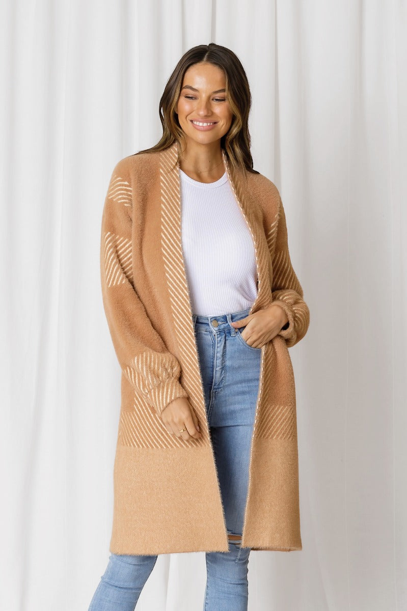 TAYLOR FLUFFY STRIPE POCKETED KNIT CARDI - BUTTERSCOTCH