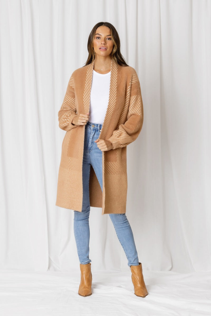 TAYLOR FLUFFY STRIPE POCKETED KNIT CARDI - BUTTERSCOTCH