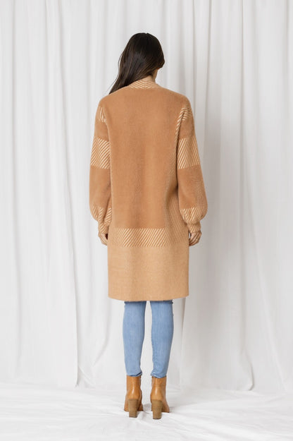 TAYLOR FLUFFY STRIPE POCKETED KNIT CARDI - BUTTERSCOTCH