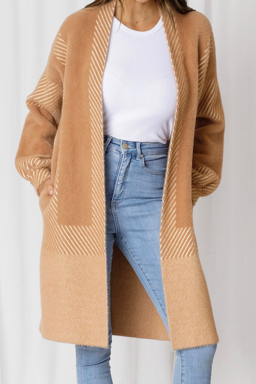 TAYLOR FLUFFY STRIPE POCKETED KNIT CARDI - BUTTERSCOTCH