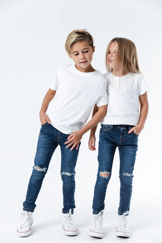 INDIGO DISTRESSED DENIM JEG JEANS - KIDS