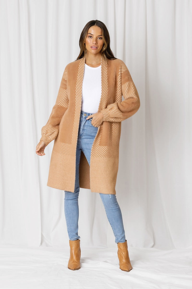 TAYLOR FLUFFY STRIPE POCKETED KNIT CARDI - BUTTERSCOTCH