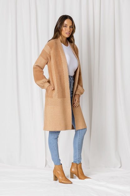 TAYLOR FLUFFY STRIPE POCKETED KNIT CARDI - BUTTERSCOTCH